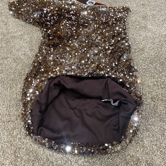 Brown Sequined Mini Dress One Shoulder Size 7 Medium Stretch Short Sleeve - Picture 6 of 13